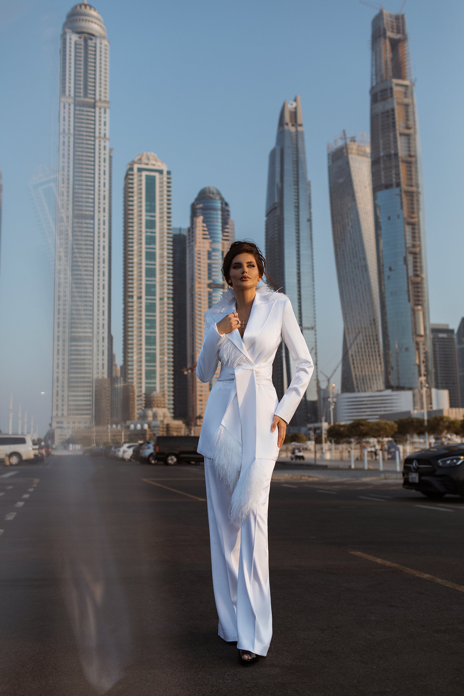 Satin Pantsuit with Feathers