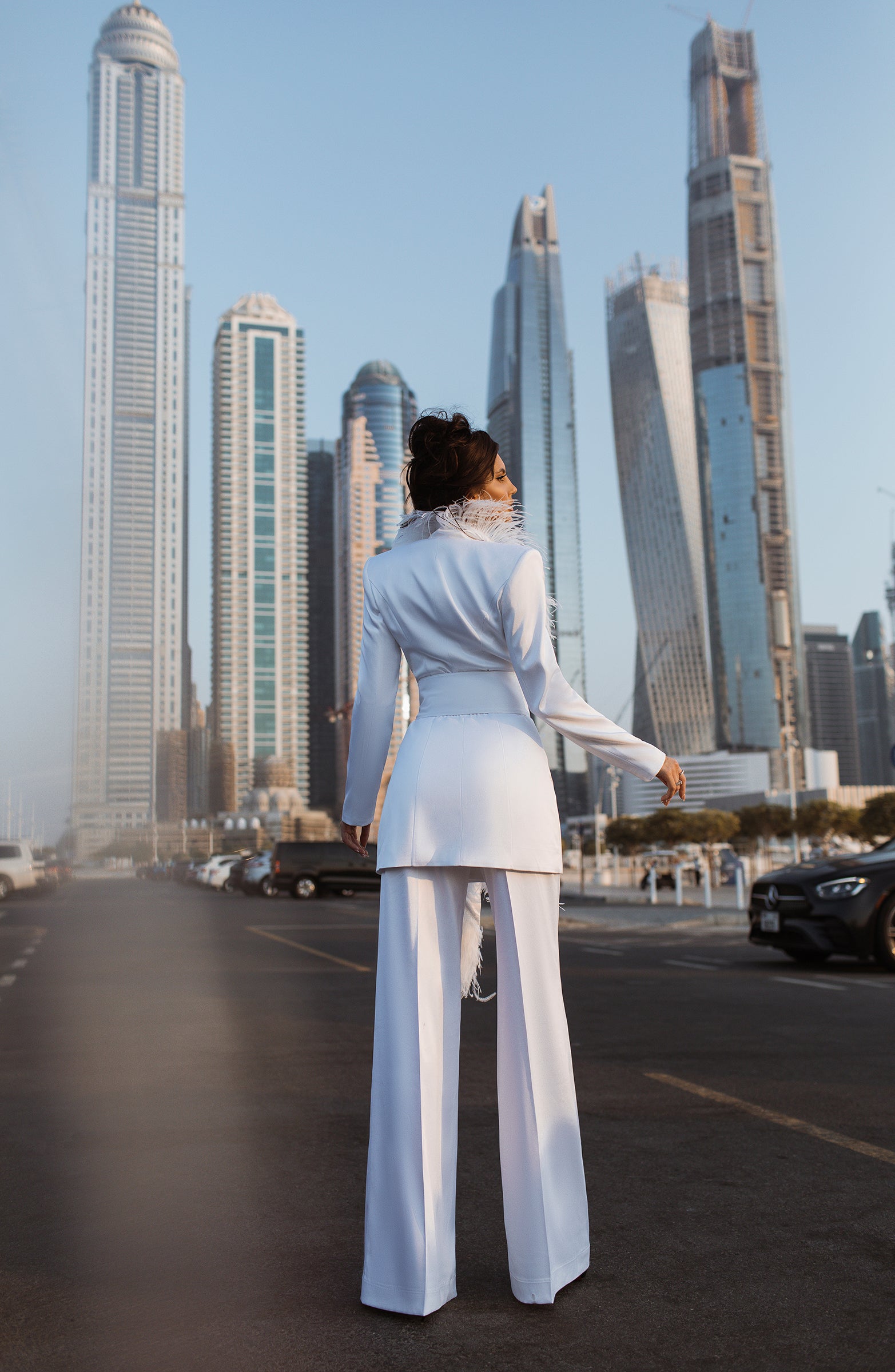 Satin Pantsuit with Feathers