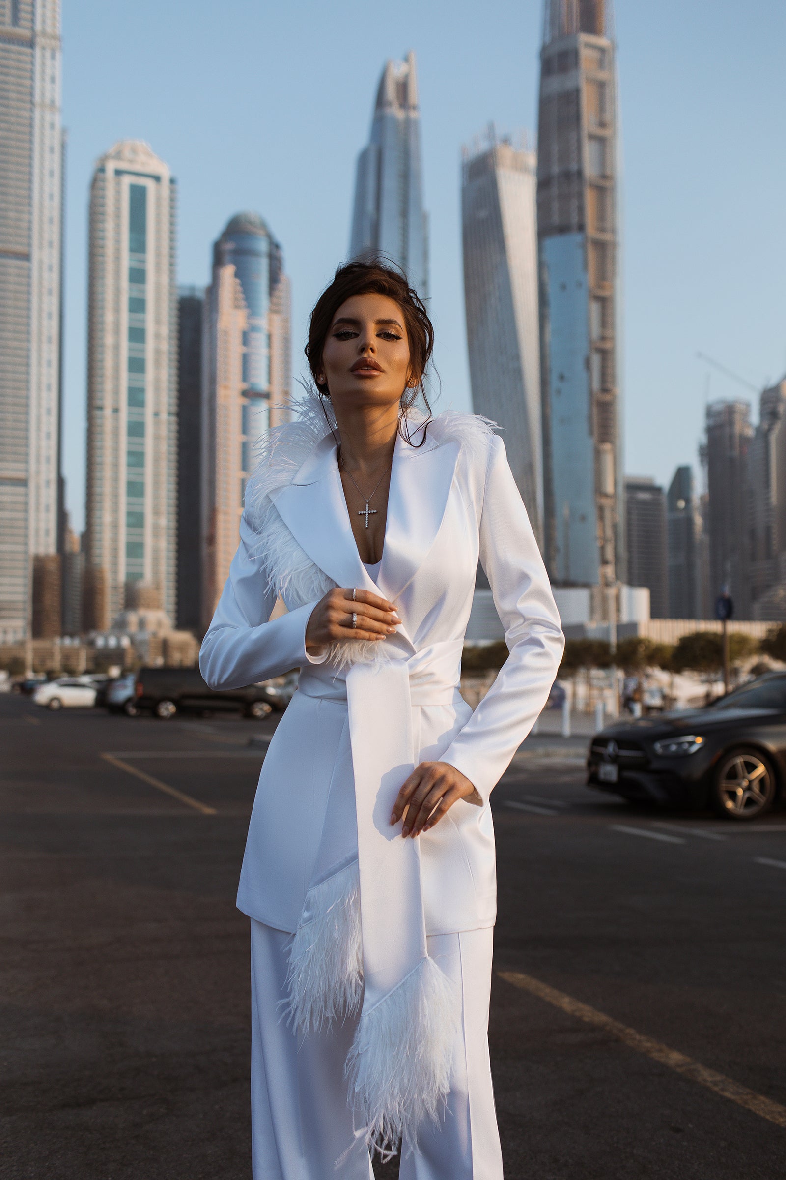Satin Pantsuit with Feathers