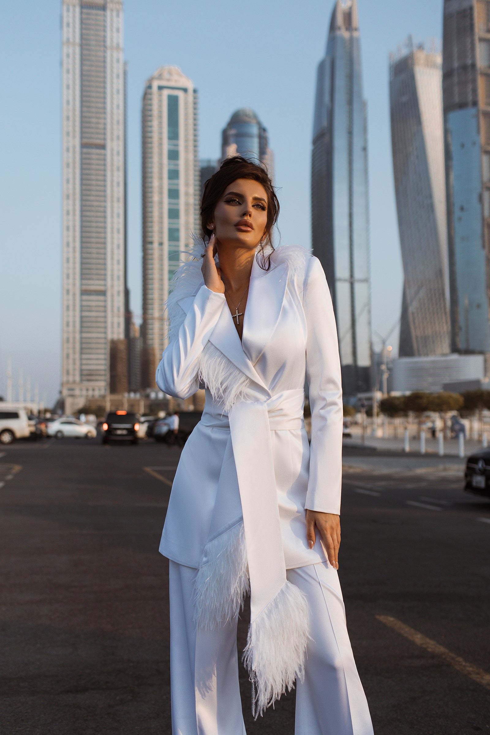 Satin Pantsuit with Feathers