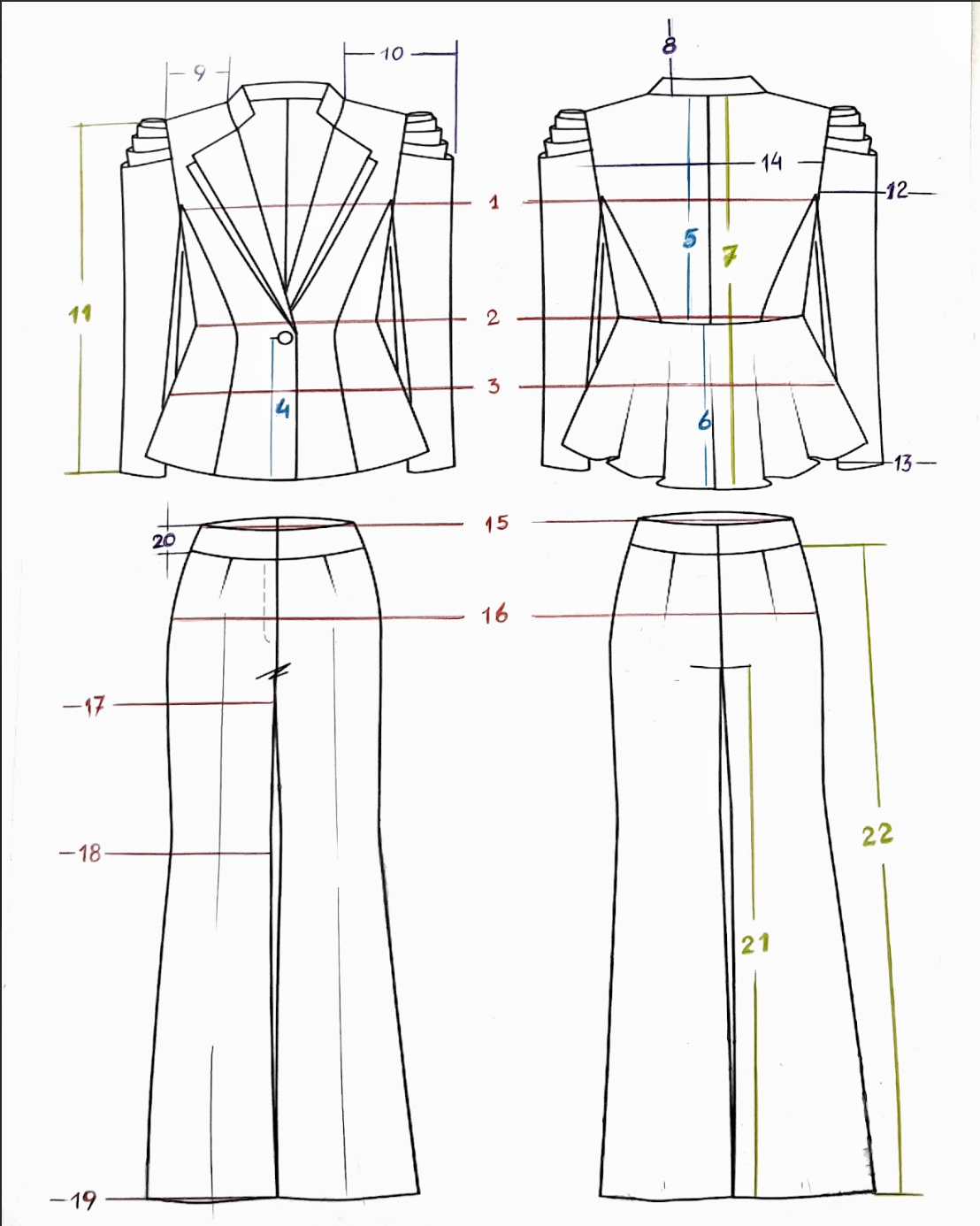 Pants Suit with Voluminous Shoulders and a Basque